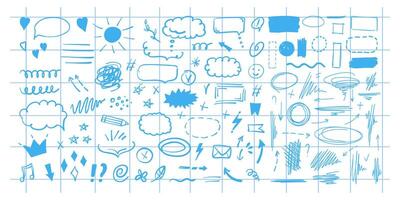 Doodle design elements and arrows. Elements for infographics. Hand drawn set of icons, frames, borders, arrows in isolated on checkered notebook sheet background. vector