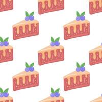 Cake slice piece with berries isolated on white background. Seamless pattern. vector