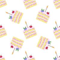 Cake slice piece with candle isolated on white background. Seamless pattern. vector