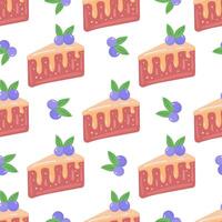 Cake slice piece with berries isolated on white background. Seamless pattern. vector
