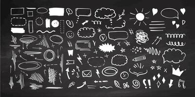 Simple sketch line style elements. Doodle cute ink pen line elements isolated on chalkboard background. Doodle arrow, heart, star, decoration symbol, icon set. vector