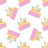 Cake slice piece with candle isolated on white background. Seamless pattern. vector