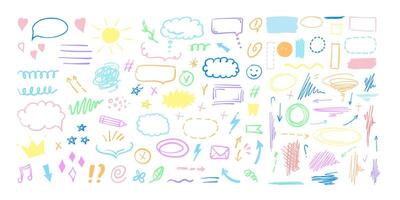 Simple sketch line style colored elements. Doodle cute ink pen line elements isolated on white background. Doodle arrow, heart, star, decoration symbol, icon set. vector