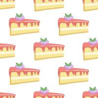 Cake slice piece with meringue isolated on white background. Seamless pattern. vector