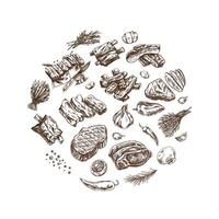 A set of hand-drawn sketches of barbecue elements. For the design of the menu of restaurants and cafes, grilled food. Pieces of meat and vegetables with seasonings. vector
