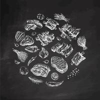 A set of hand-drawn sketches of barbecue elements. For the design of the menu of restaurants and cafes, grilled food. Pieces of meat and vegetables with seasonings. vector
