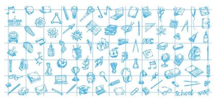 Back to School, hand drawn school supplies - big sketch set. Doodle lettering and school object collection. Education Concept. Vintage sketch elements on checkered notebook sheet background.. vector