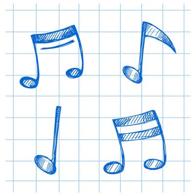 Hand-drawn music Illustration set. Detailed retro style musical note sketch. Vintage sketch element. Back to School.