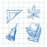 Hand-drawn school Illustration set. Detailed retro style school bell, books, triangular ruler and maple leaf sketch. Vintage sketch element. Back to School. vector
