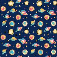 A seamless pattern featuring suns and planets against a dark blue backdrop vector