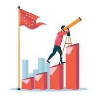 Man with telescope standing on bar chart with flag and cityscape background illustration vector