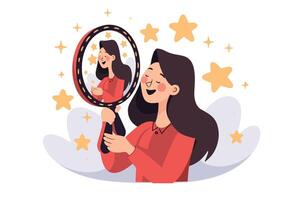 Woman smiling at her reflection in mirror with stars and happy expression illustration vector