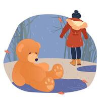 A Teddy bear is abandoned in the rain and the child leaves. Unnecessary toy in the autumn Park. illustration of loneliness and broken love. Concept of changing life priorities and growing up. vector