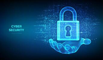 Lock. Cyber security. Padlock with keyhole icon made with binary code in wireframe hand. Protect and Security or Safe concept. Information privacy. Digital code background with digits 1.0. . vector