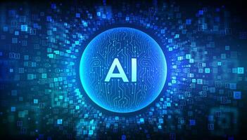 AI. Artificial intelligence. Abstract circuit board sphere with letters AI. Machine learning technology. Neural networks. Binary code background with digits 1.0. Binary Data Flow. illustration. vector