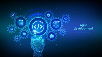 Agile development and optimisation concept. Software engineering. Software development practices methodology. Wireframe hand touching digital interface with connected gears cogs and icons. . vector