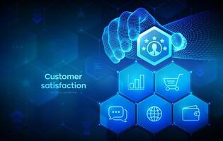 Customer satisfaction. Customer survey and feedback analytics. Using AI and automation technology in marketing for customer service. Hand places an element into a composition. illustration. vector