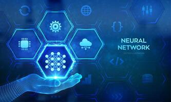 Neural network icon in wireframe hand. AI. Artificial Intelligence. Machine Learning. Deep learning. Big data analysis technology concept. illustration. vector