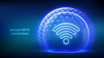 Wi-Fi network icon inside transparent protection sphere shield with hexagon pattern on blue background. Secure Wi Fi wireless network connection. Cyber Security. Wifi Encryption. illustration. vector