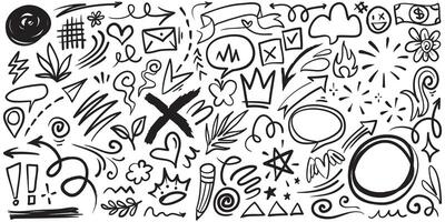 Doodle set of hand-drawn cartoony expression sign doodle, curve directional arrows, emoticon effects design elements, cartoon character emotion symbols, cute decorative brush stroke lines. vector