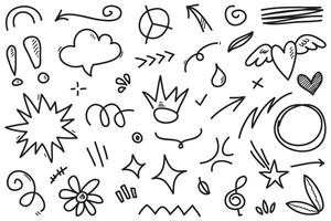Doodle set of hand-drawn cartoony expression sign doodle, curve directional arrows, emoticon effects design elements, cartoon character emotion symbols, cute decorative brush stroke lines. vector