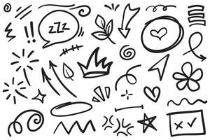 Doodle set of hand-drawn cartoony expression sign doodle, curve directional arrows, emoticon effects design elements, cartoon character emotion symbols, cute decorative brush stroke lines. vector
