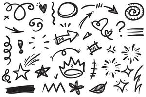 Doodle set of hand-drawn cartoony expression sign doodle, curve directional arrows, emoticon effects design elements, cartoon character emotion symbols, cute decorative brush stroke lines. vector