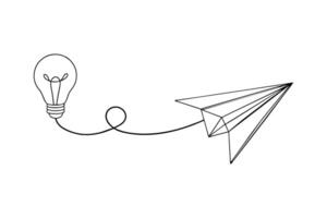 Paper plane flying up connected one line continuous line art drawing illustration on white background. vector