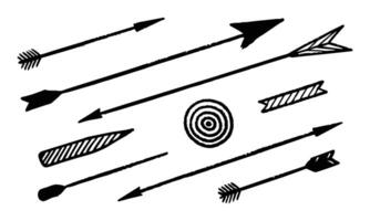 Charcoal hand drawn pencil arrows. Doodle curved chalk darts. Texture design elements of scribble lines. illustration on white background vector