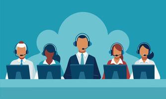 Call center. Customer service Collection set hotline operators with headsets. Online technical support 24 h illustration vector