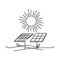 Solar energy in continuous line art drawing style. Solar panels facing the Sun to collect heat by absorbing sunlight. Black linear design isolated on whit. vector