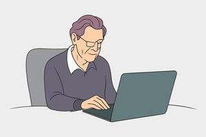 Elderly person study to work on notebook line with illustration on white background vector