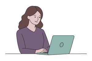 A woman designer looking at the computer laptop at that time new ideas could be created with icon effect line with illustration on white background vector