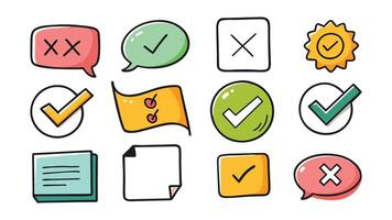 Doodle check marks. Hand drawn symbols for checking and voting task list checkbox with cross and tick signs icons set. Examination round and square boxes for answers choice vector