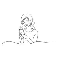 A woman happily using her cell phone, smiling as she looks at the screen, continuous line art illustration. vector