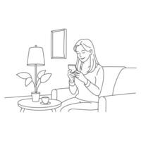 A woman of Asian descent using a smartphone while seated in a living room , continuous line art illustration vector