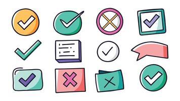 Doodle check marks. Hand drawn symbols for checking and voting task list checkbox with cross and tick signs icons set. vector