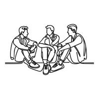 Men communicate in casual settings. Male friends sitting on the ground resting and talking. Continuous line art drawing style. Black linear design isolat. vector