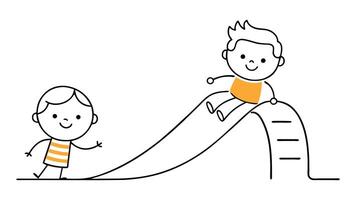 Smiling preschool boy sliding down slide and happy friend seeing him on side of slide. Kids playing together on playground. One continuous single line hand drawing . vector