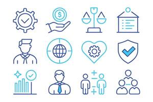 Business ethics and core values blue editable stroke outline icon set illustration on white background. vector