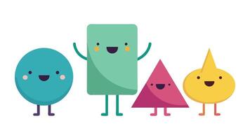 Simple geometric shape character. Cartoon funny geometry figures. Walking triangle happy circle angry oval smiling pentagon. Flat minimal design set. vector