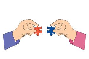 Two hands interlocking puzzle pieces, symbolizing teamwork and collaboration. representing unity and problem solving flat illustration vector