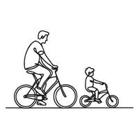 Family cycling in continuous line art drawing style. Father with his little son riding bicycles together. Minimalist black linear sketch isolated on white vector