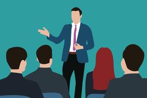 Group of business persons Prosperity. The leader explains his vision. Business plan, project, strategy. Presentation. Discussing business plan. flat illustration vector