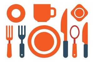 Plate knife and fork editable stroke outline icon set illustration on white background.. vector