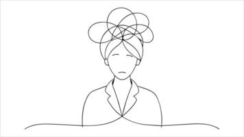 Business woman with round scribbles instead of head. Distressed worker hand on head gesture have overwork. Woman suffer headache workload. One continuous single line hand drawin vector