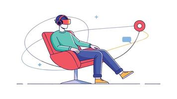 man sitting in vr motion chair continuous line art illustration on white background. vector
