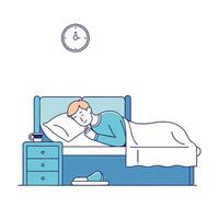 Man sleeping on bed in bedroom at home flat illustration on white background vector