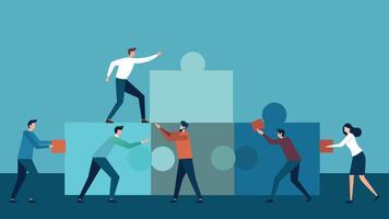 Business Joint efforts Business concept. Team metaphor. people connecting puzzle elements. Symbol of teamwork cooperation partnership. flat design illustration. vector