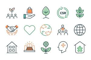 CSR corporate social responsibility editable stroke outline icon set illustration on white background.. vector